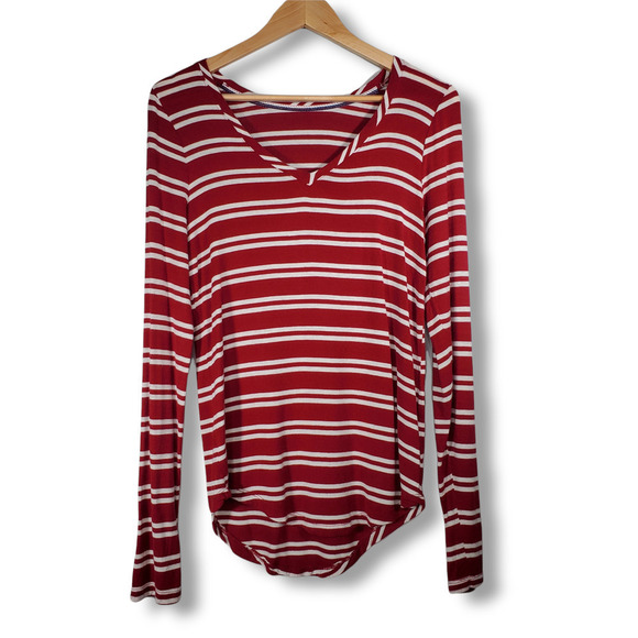 Poof! Striped V-Neck Long Sleeve Top Red White Size Large - Picture 1 of 7